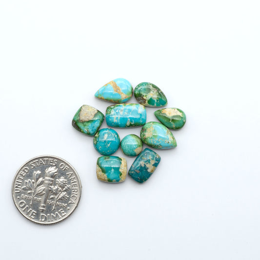 Sonoran Mountain Turquoise cabochons, blue-green color with natural matrix, polished stones on a white background, with a US dime for scale