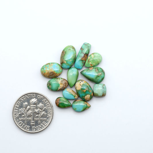 Sonoran Mountain Turquoise cabochons, blue-green color with natural matrix, polished stones on a white background, with a US dime for scale