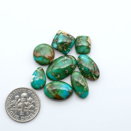 Sonoran Mountain Turquoise cabochons, blue-green color with natural matrix, polished stones on a white background, with a US dime for scale