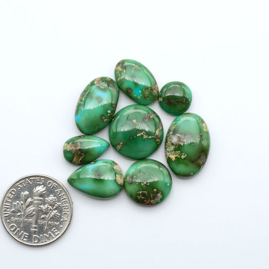 Sonoran Mountain Turquoise cabochons, blue-green color with natural matrix, polished stones on a white background, with a US dime for scale