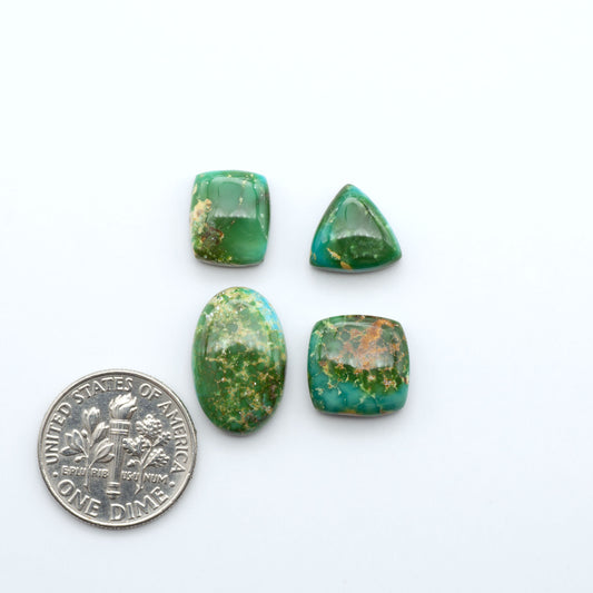 Sonoran Mountain Turquoise cabochons, blue-green color with natural matrix, polished stones on a white background, with a US dime for scale