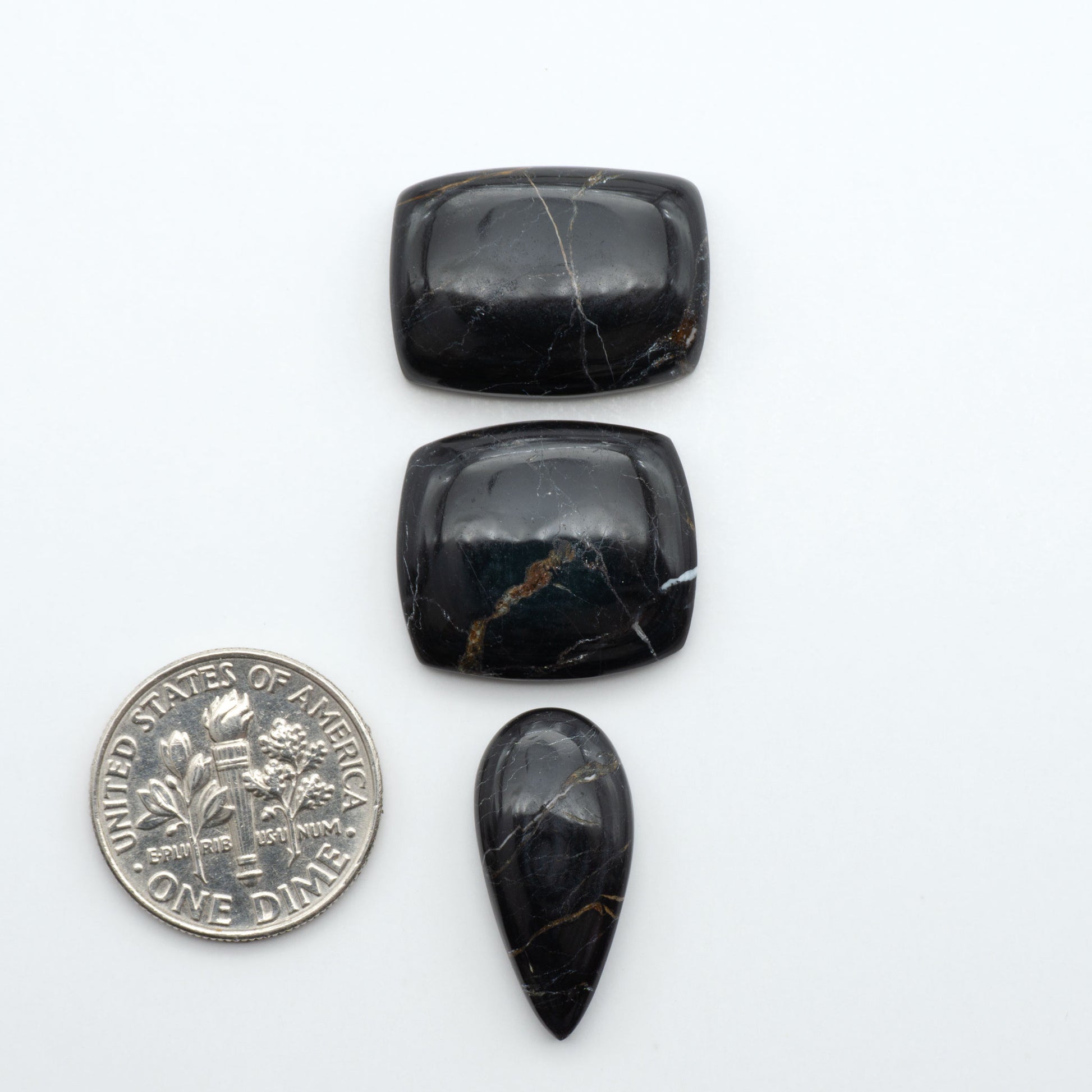 White Buffalo stone cabochons, white stone with black matrix, polished stones on a white background, with a US dime for scale