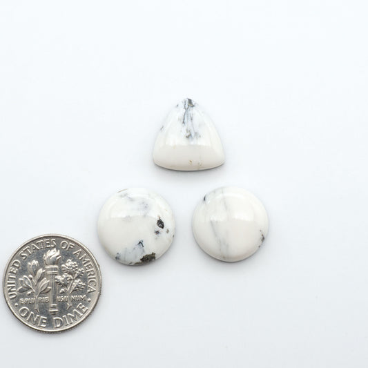 White Buffalo stone cabochons, white stone with black matrix, polished stones on a white background, with a US dime for scale