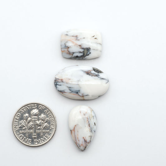 White Buffalo stone cabochons, white stone with black matrix, polished stones on a white background, with a US dime for scale