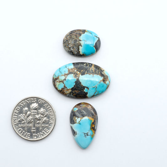 Black Jack turquoise cabochons, blue-green color with black matrix, polished stones on a white background with a US dime for scale