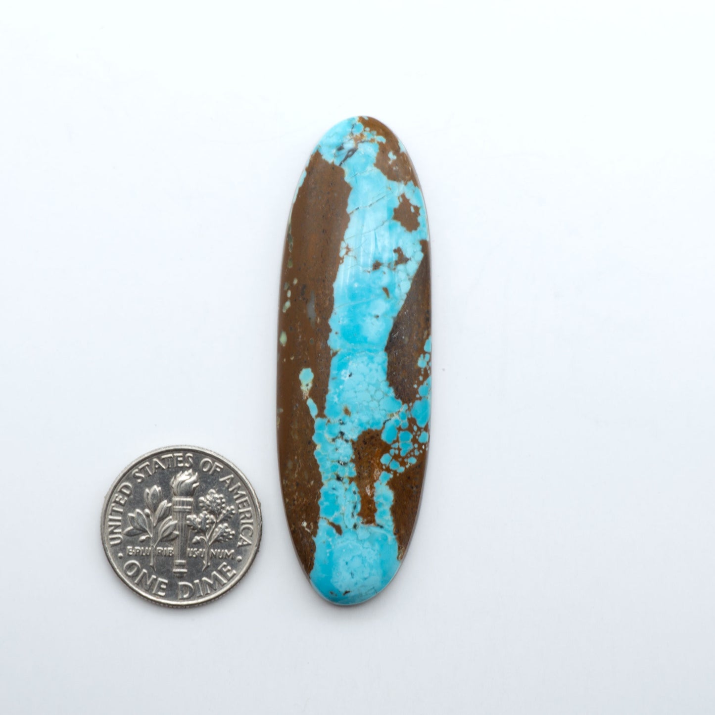 Number 8 Turquoise cabochons, blue and green color with brown matrix, polished stones on a white background, with a US dime for scale