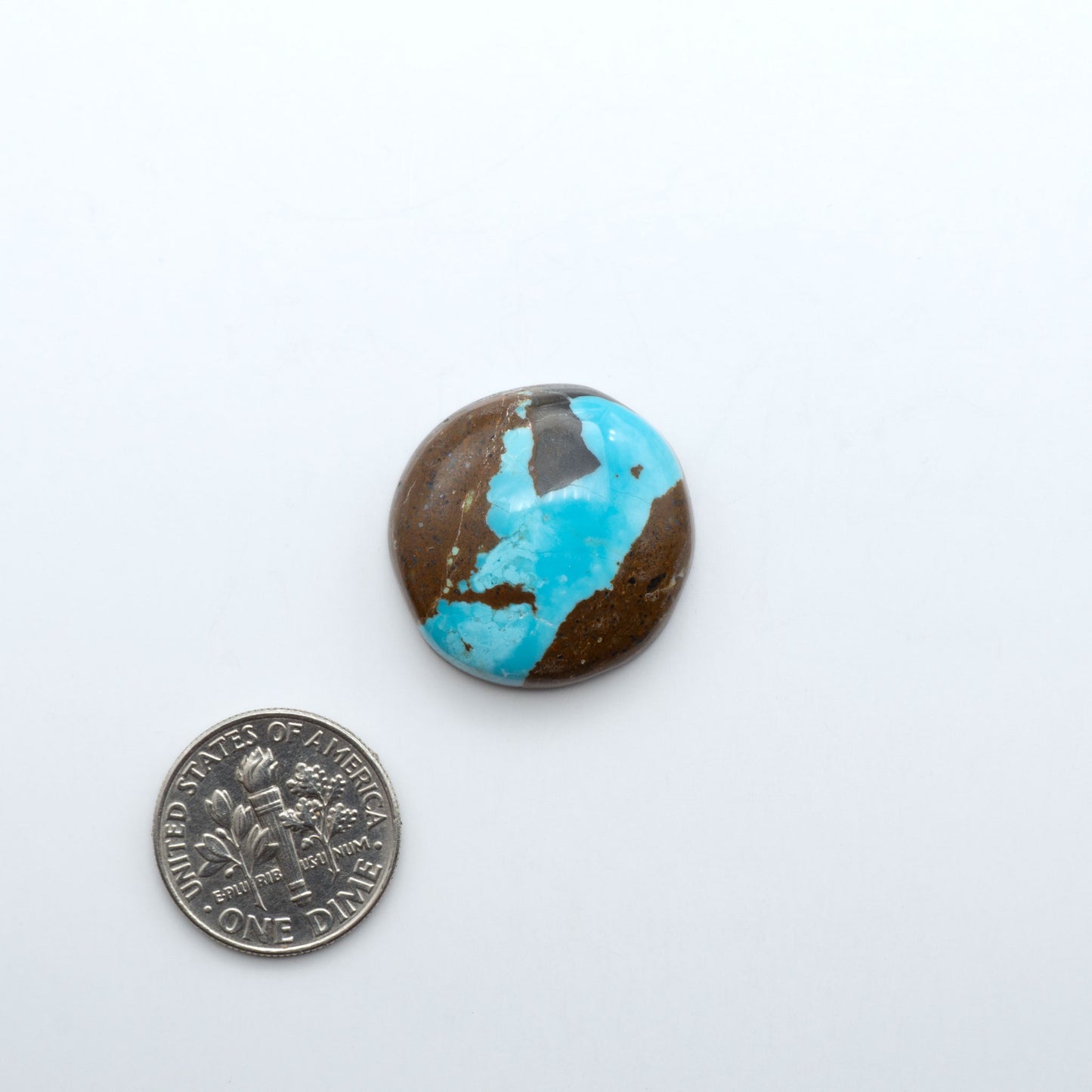 Number 8 Turquoise cabochons, blue and green color with brown matrix, polished stones on a white background, with a US dime for scale