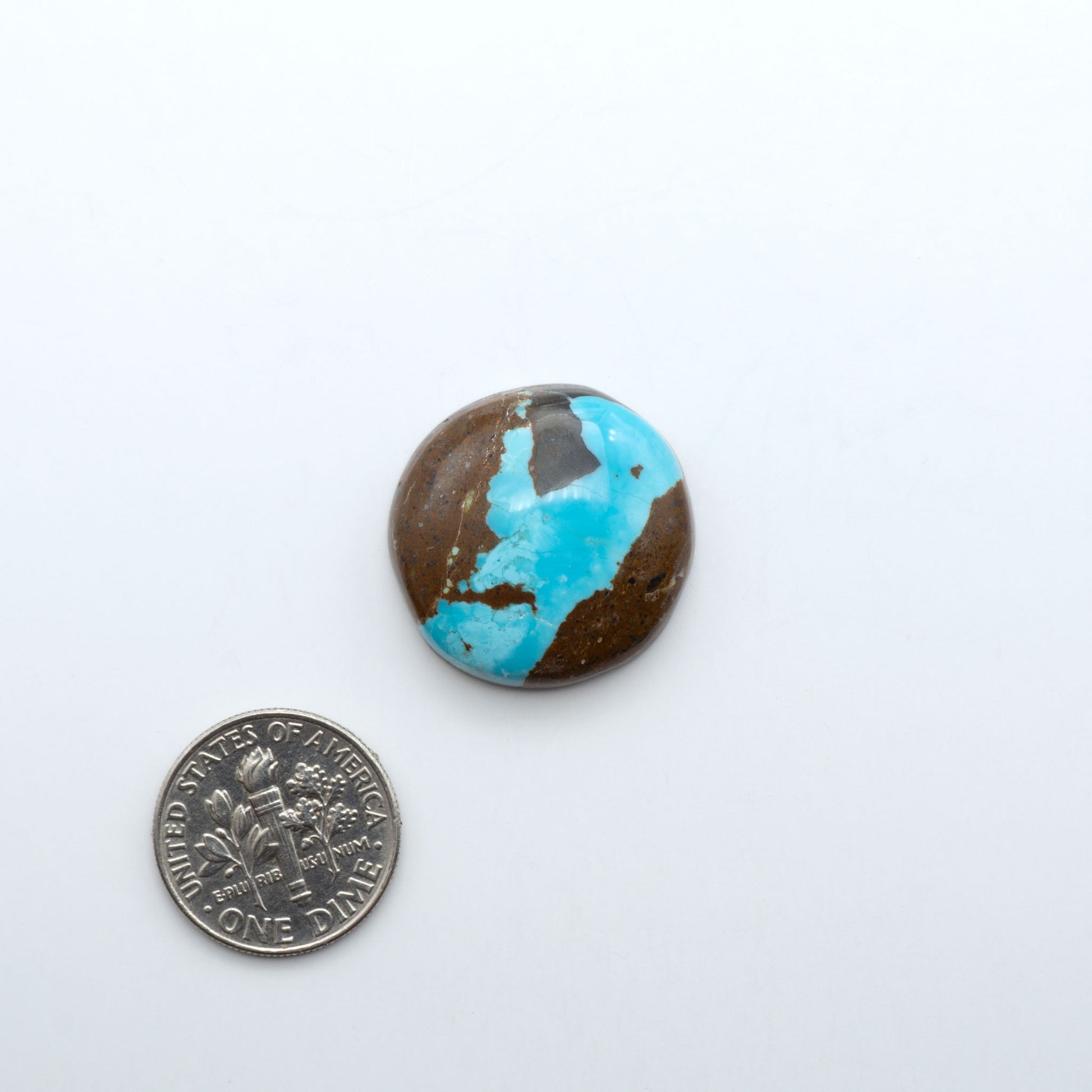 Number 8 Turquoise cabochons, blue and green color with brown matrix, polished stones on a white background, with a US dime for scale