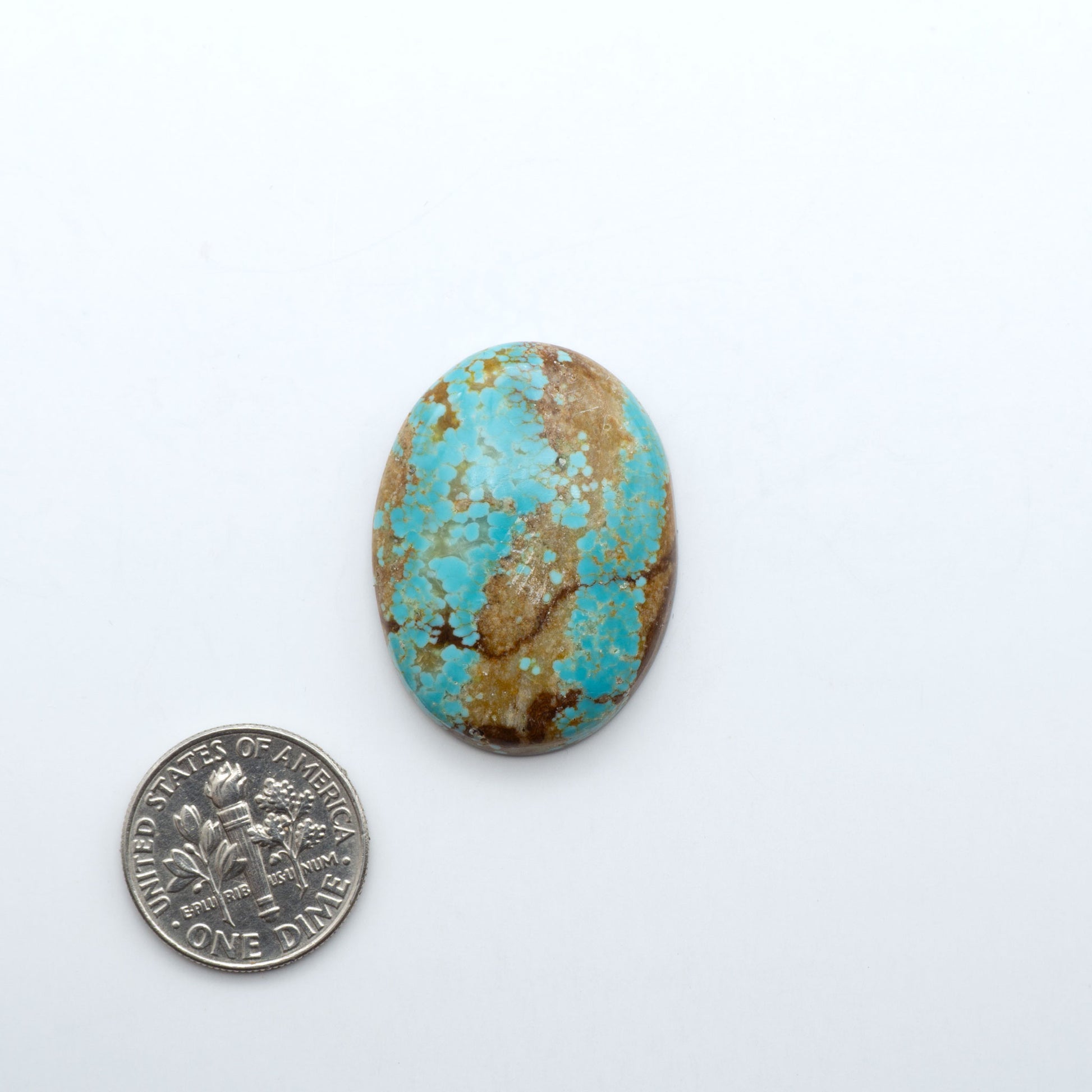 Number 8 Turquoise cabochons, blue and green color with brown matrix, polished stones on a white background, with a US dime for scale