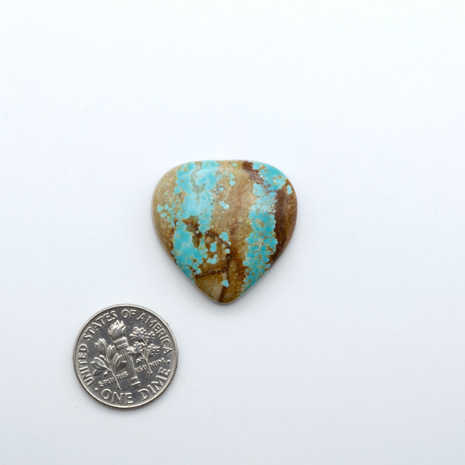 Number 8 Turquoise cabochons, blue and green color with brown matrix, polished stones on a white background, with a US dime for scale