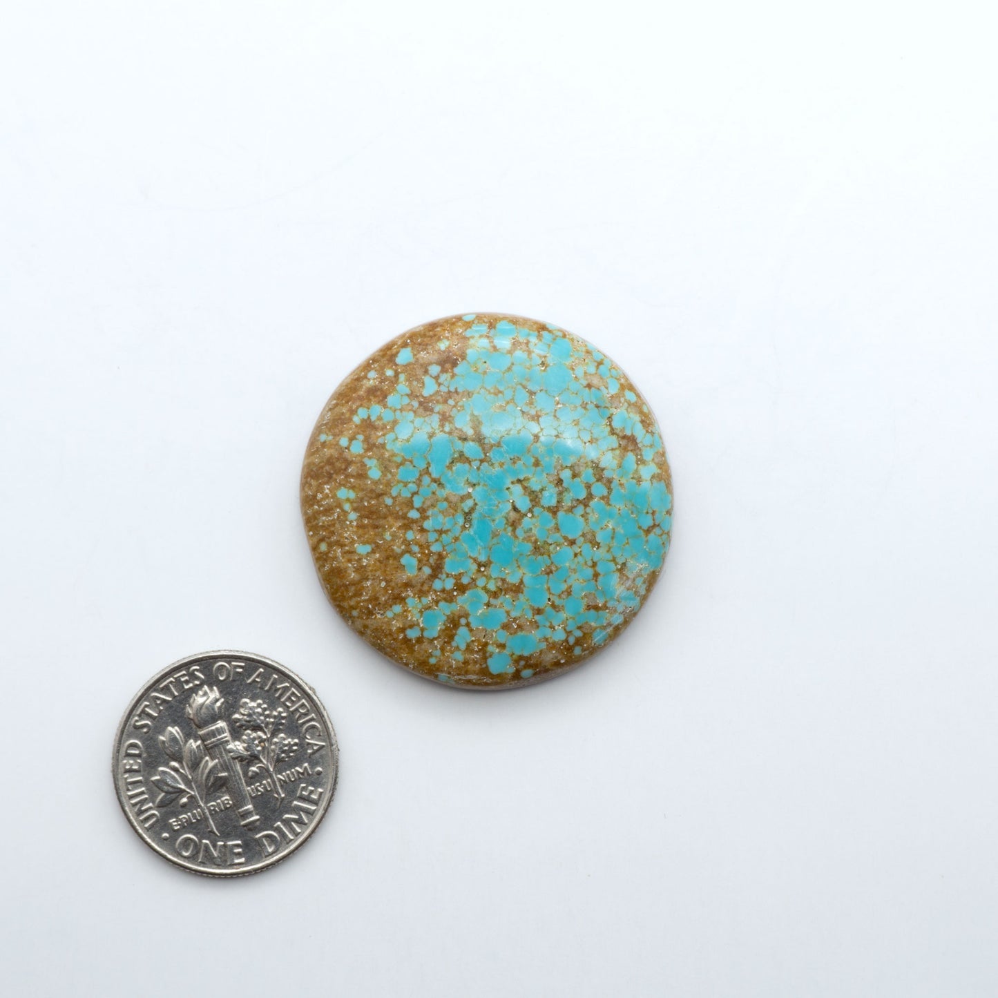 Number 8 Turquoise cabochons, blue and green color with brown matrix, polished stones on a white background, with a US dime for scale