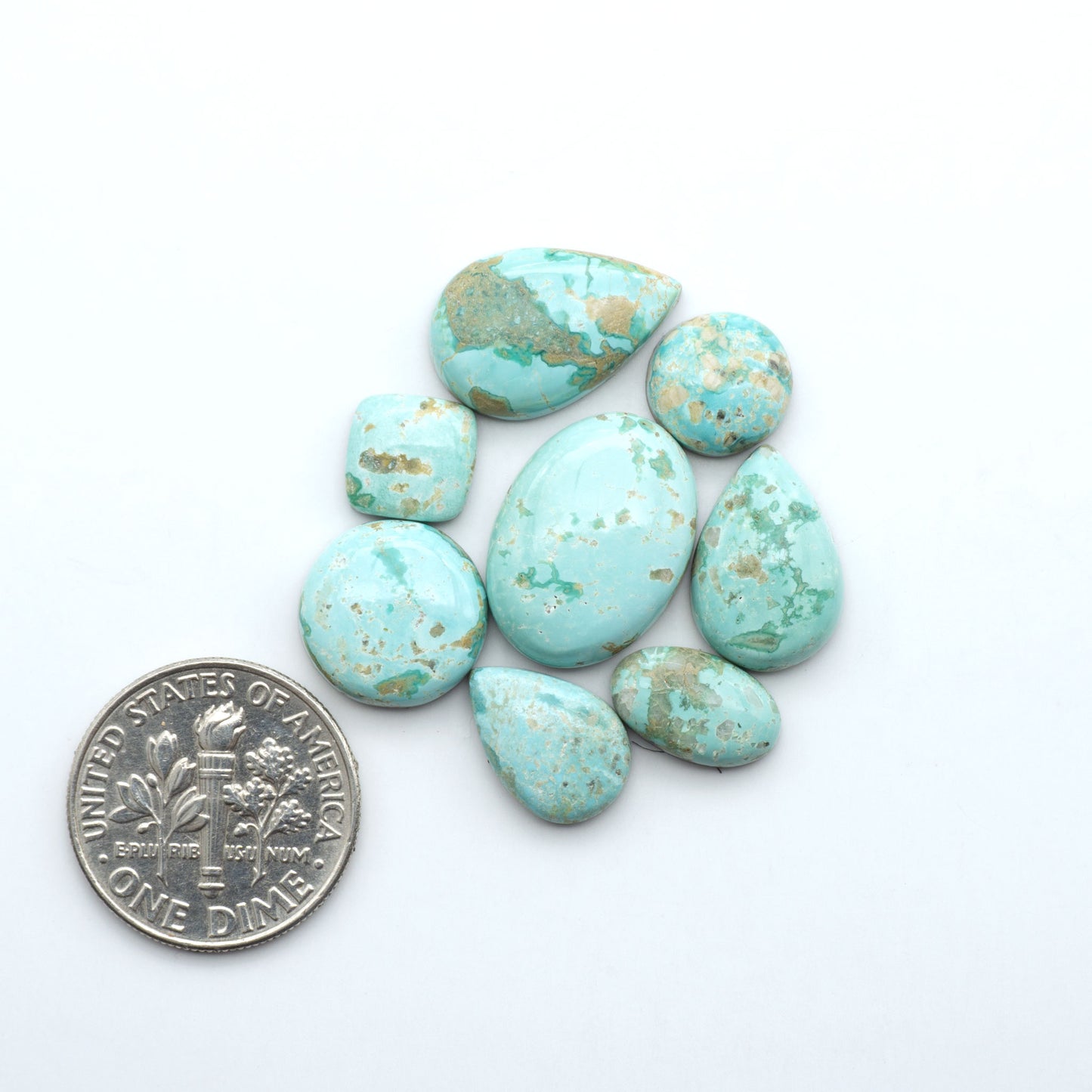Fox Turquoise cabochons, polished gemstones with natural matrix on a white background, with a US dime for scale