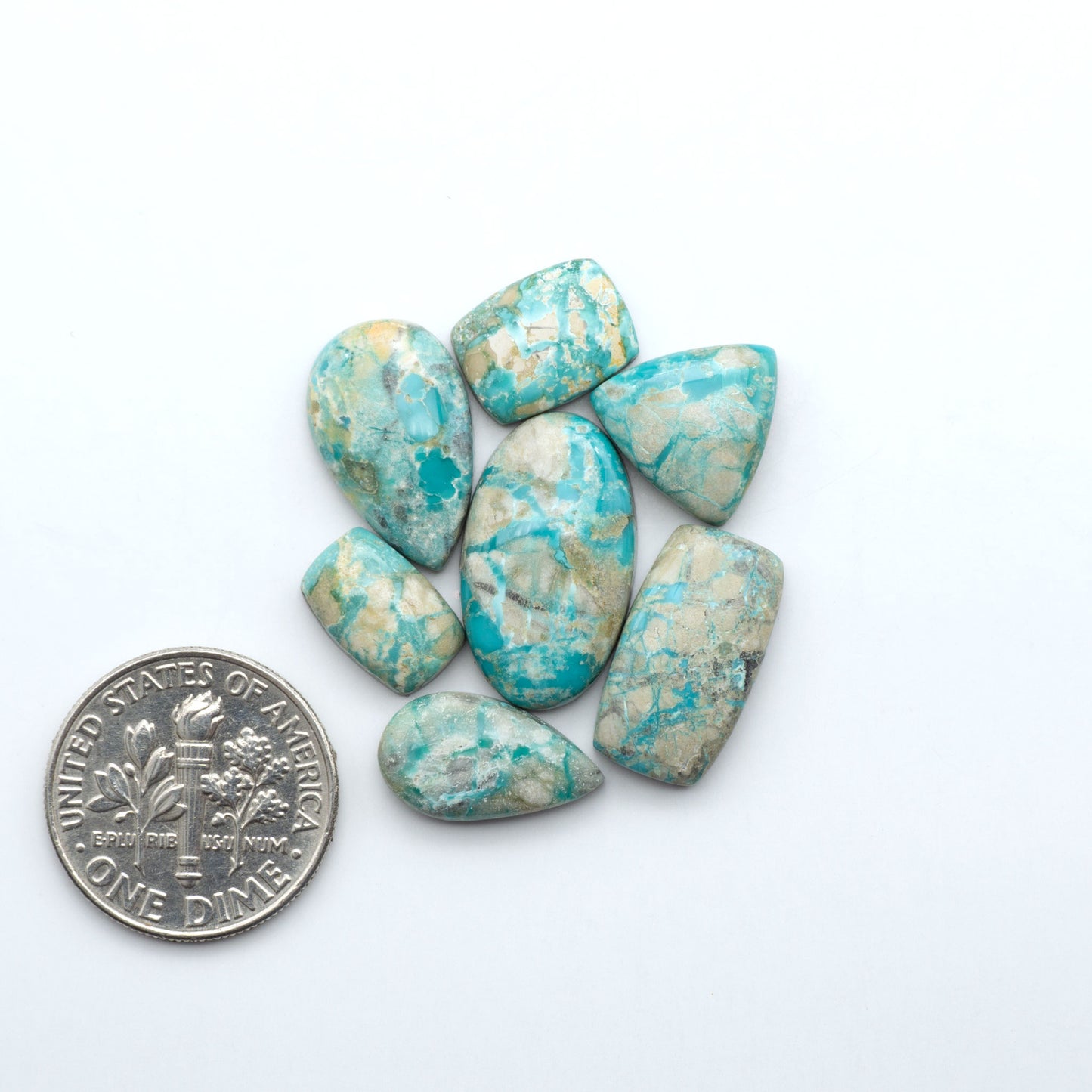 Fox Turquoise cabochons, polished gemstones with natural matrix on a white background, with a US dime for scale
