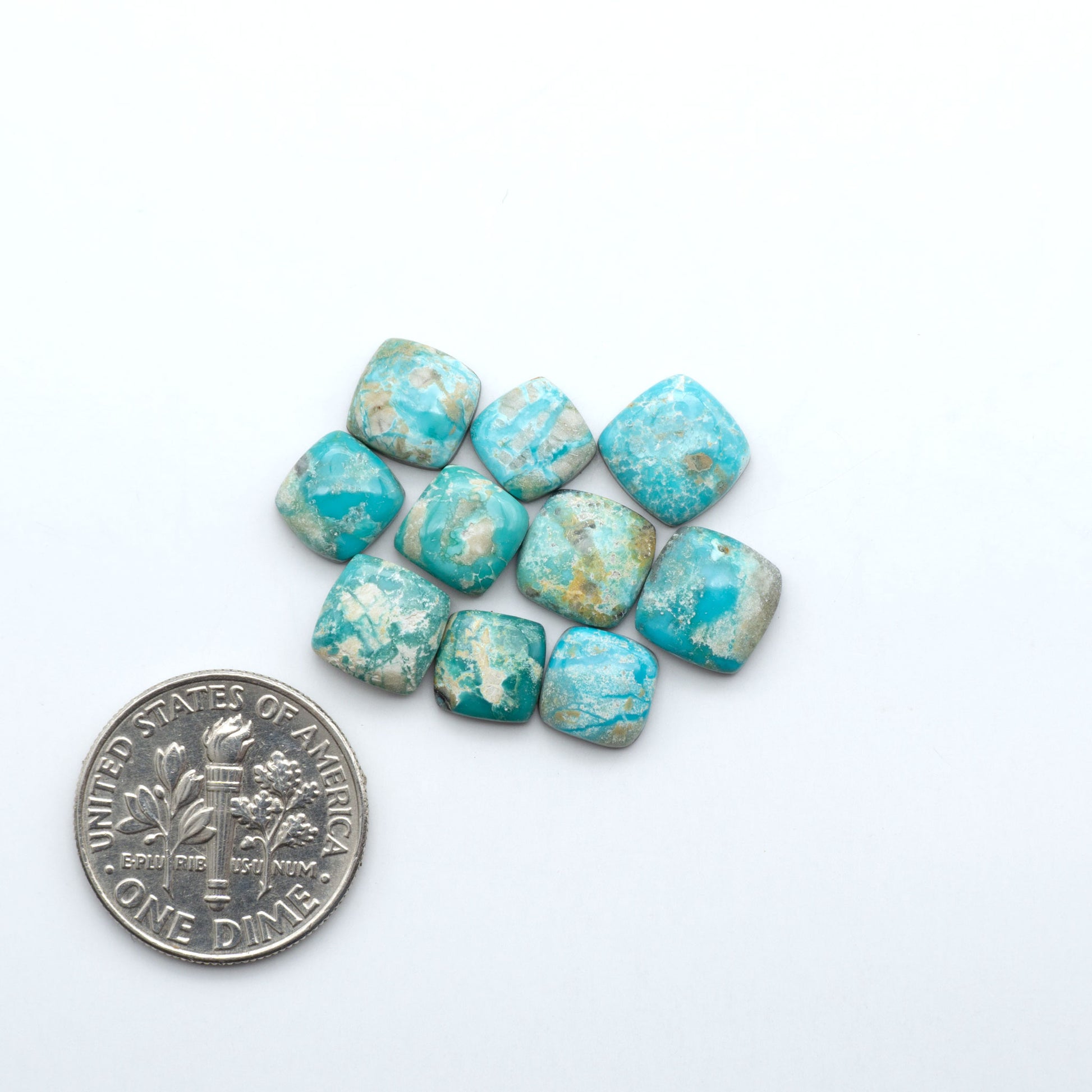 Fox Turquoise cabochons, polished gemstones with natural matrix on a white background, with a US dime for scale