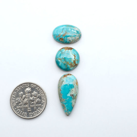 Fox Turquoise cabochons, polished gemstones with natural matrix on a white background, with a US dime for scale
