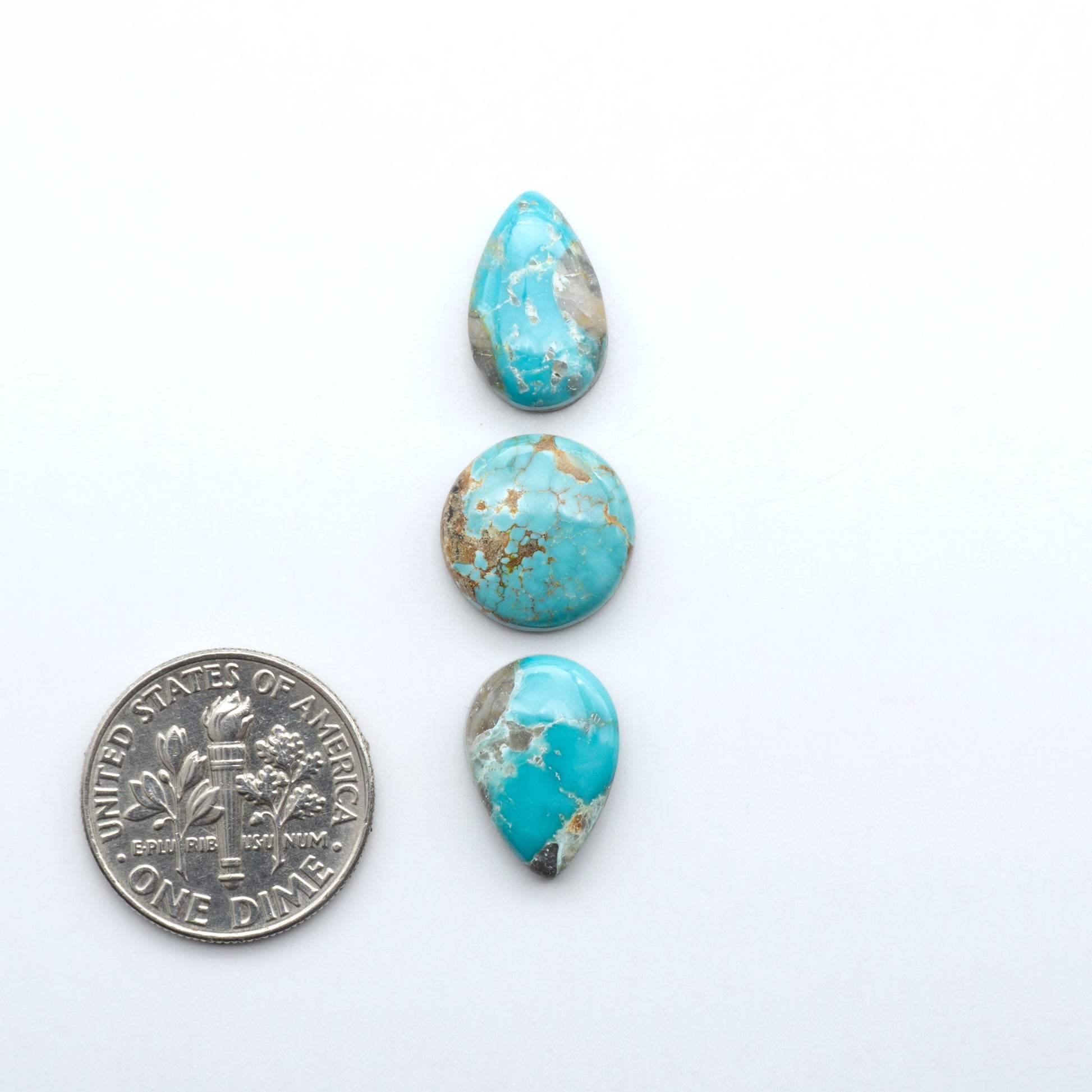 Fox Turquoise cabochons, polished gemstones with natural matrix on a white background, with a US dime for scale