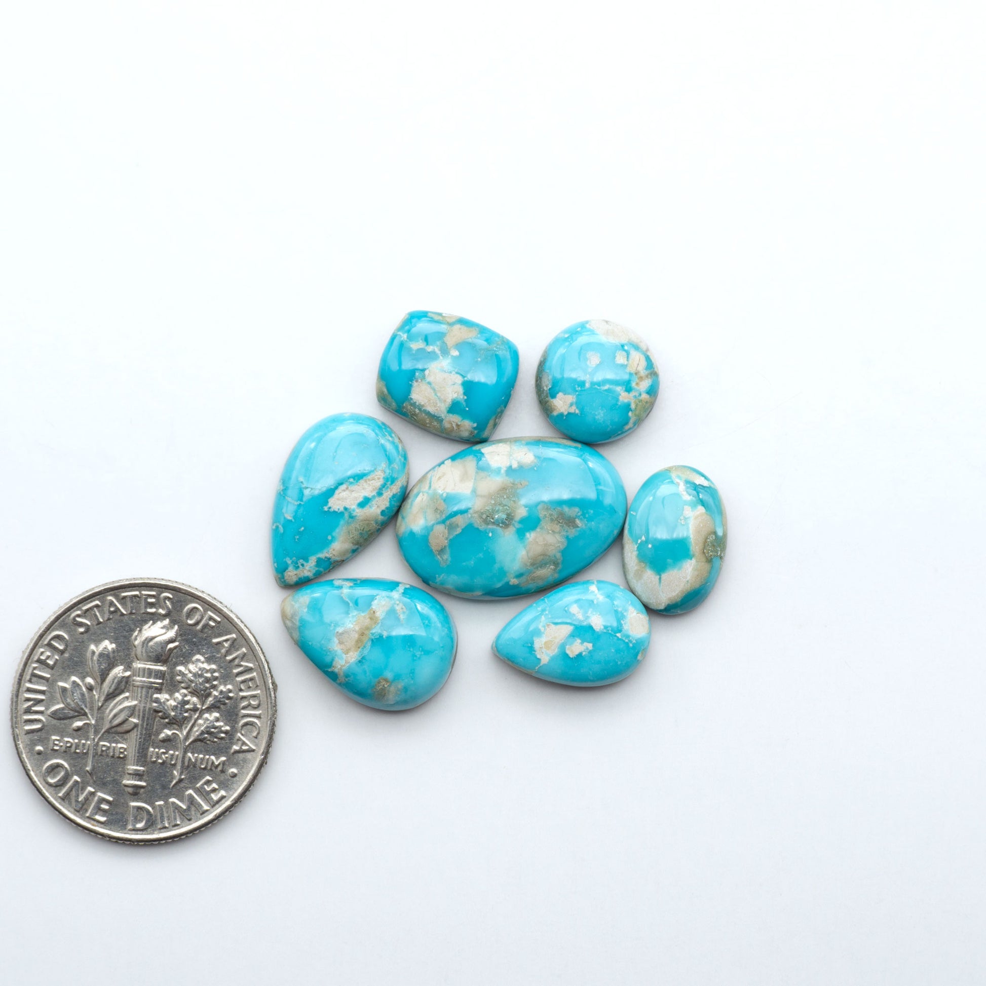 Fox Turquoise cabochons, polished gemstones with natural matrix on a white background, with a US dime for scale