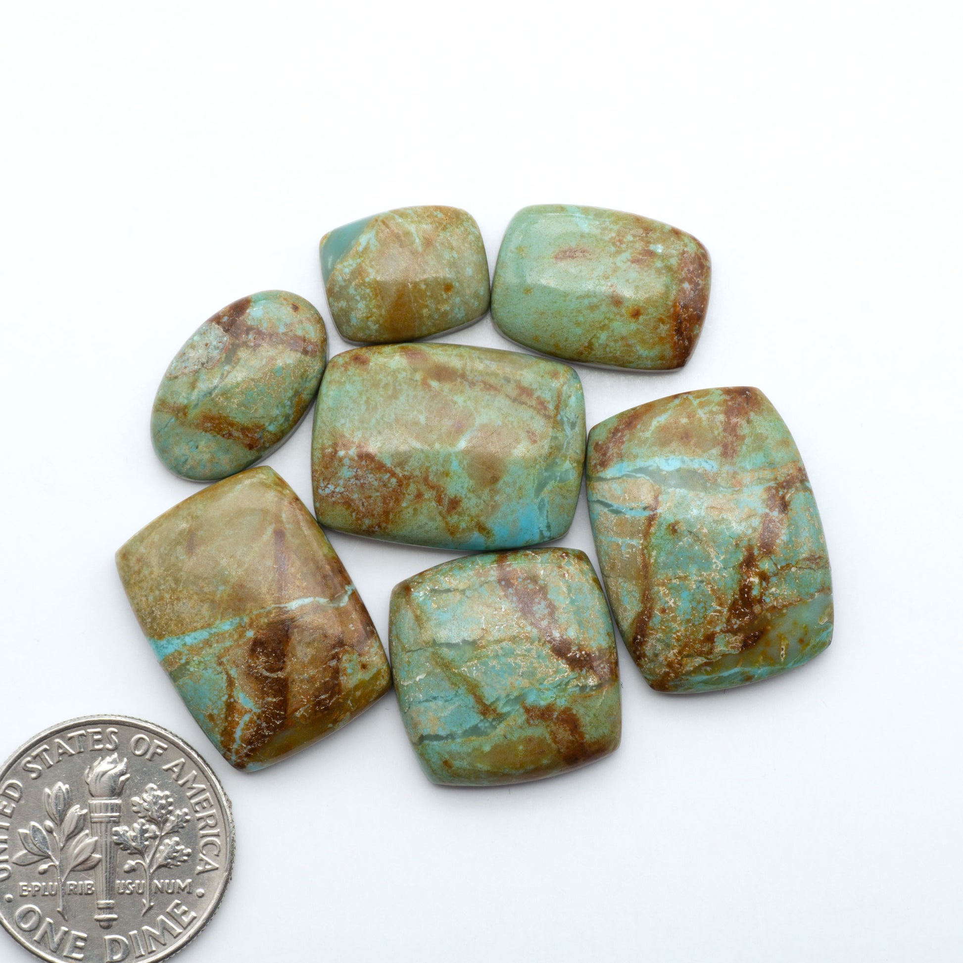 Number 8 Turquoise cabochons, blue and green color with brown matrix, polished stones on a white background, with a US dime for scale