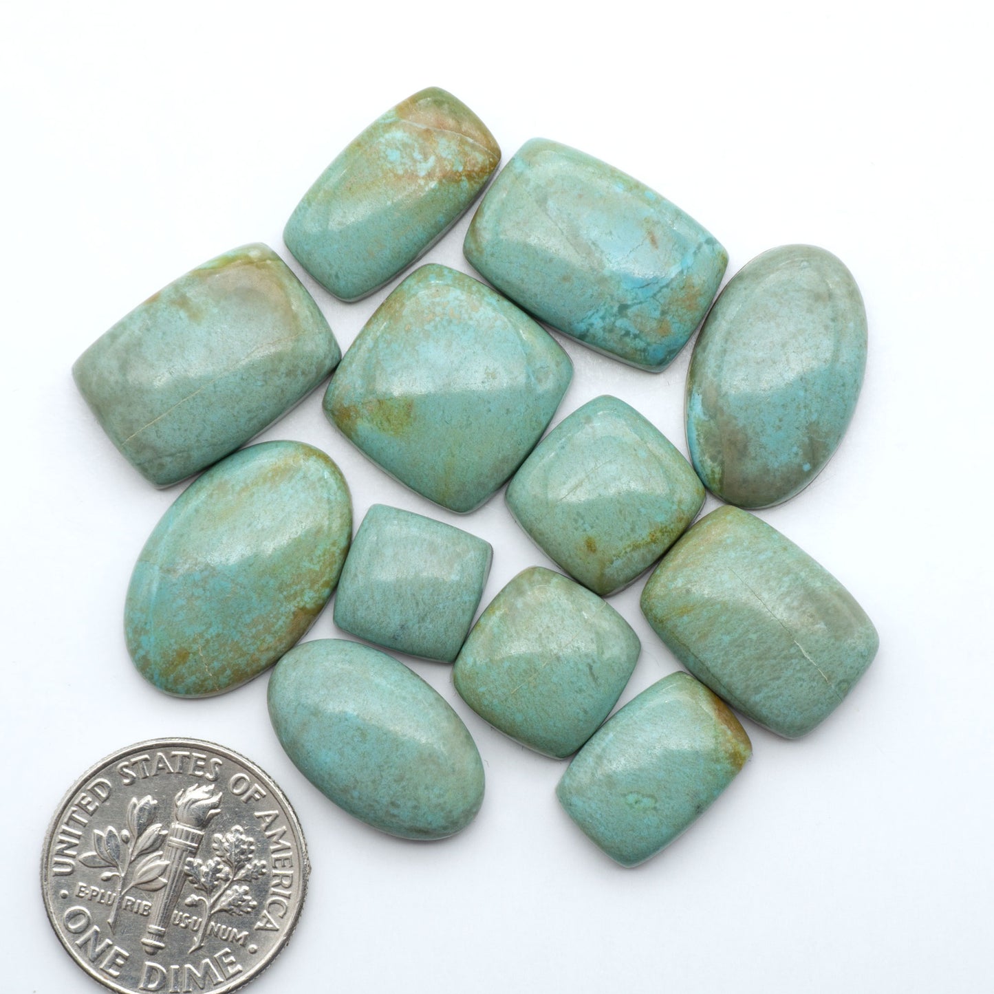 Number 8 Turquoise cabochons, blue and green color with brown matrix, polished stones on a white background, with a US dime for scale