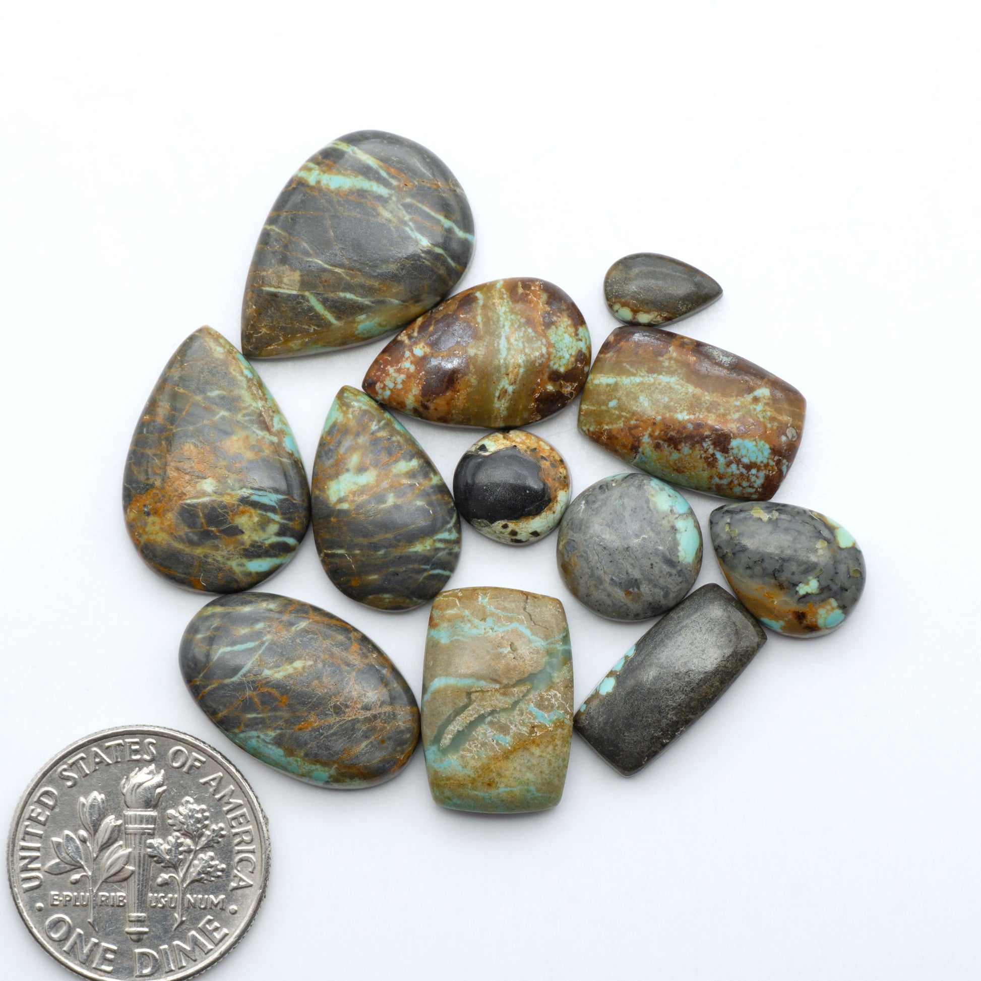 Number 8 Turquoise cabochons, blue and green color with brown matrix, polished stones on a white background, with a US dime for scale