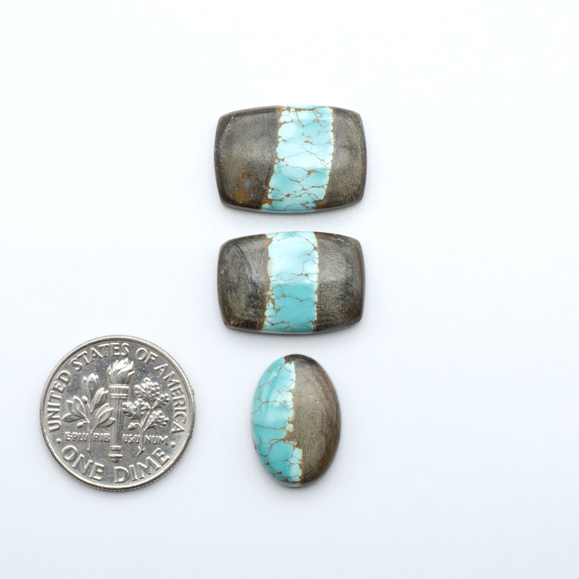 Number 8 Turquoise cabochons, blue and green color with brown matrix, polished stones on a white background, with a US dime for scale