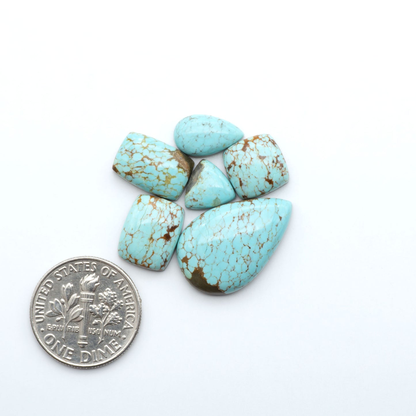 Number 8 Turquoise cabochons, blue and green color with brown matrix, polished stones on a white background, with a US dime for scale
