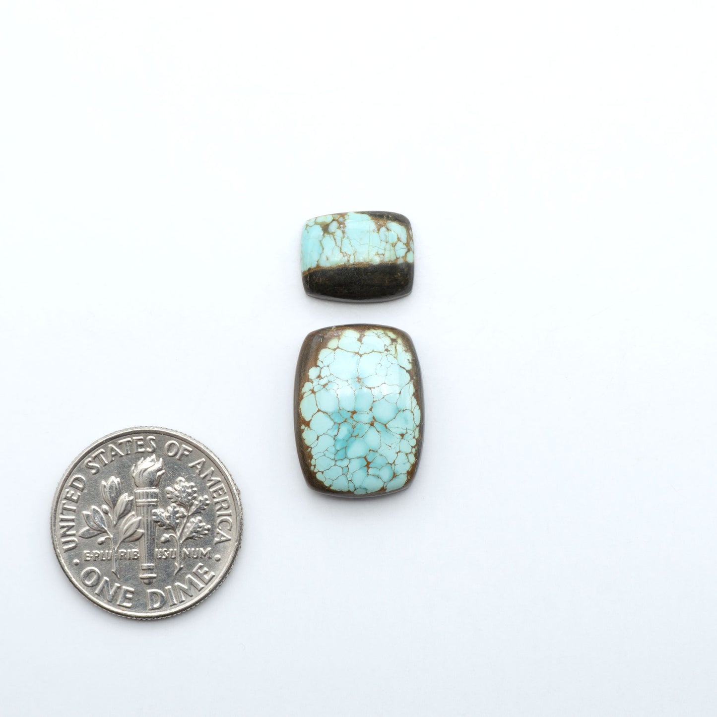Number 8 Turquoise cabochons, blue and green color with brown matrix, polished stones on a white background, with a US dime for scale