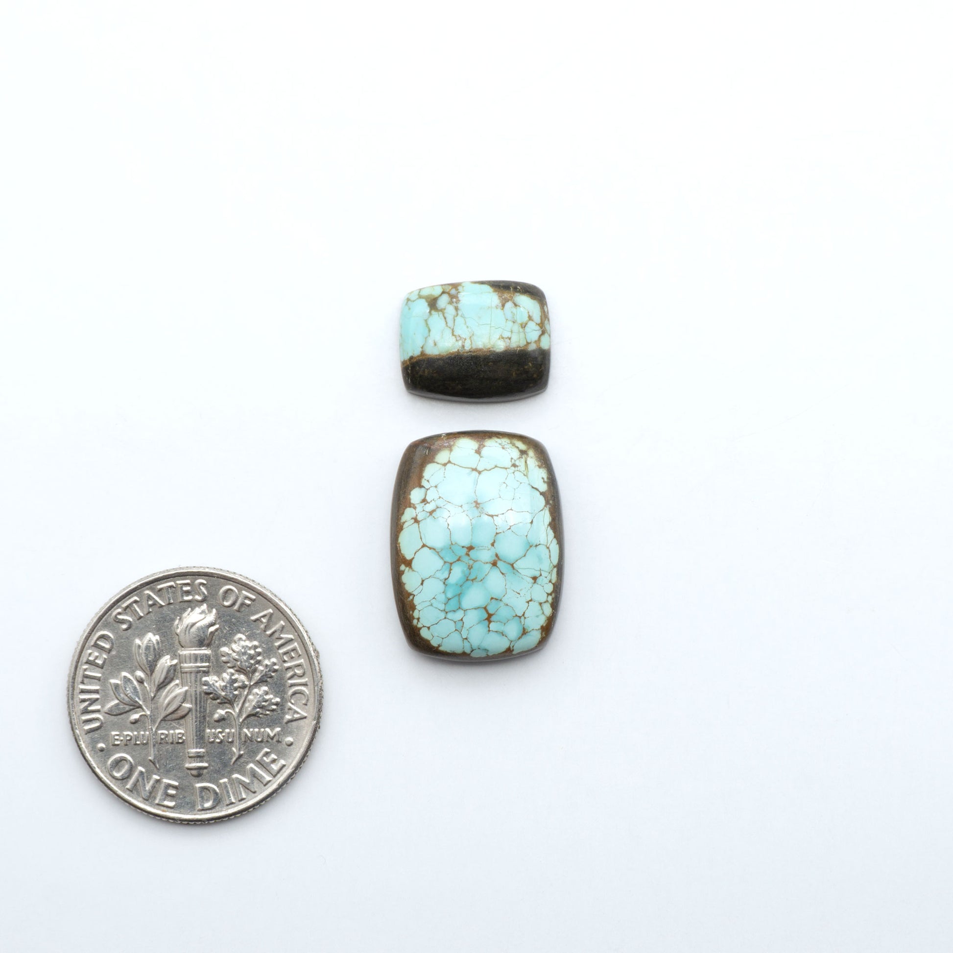 Number 8 Turquoise cabochons, blue and green color with brown matrix, polished stones on a white background, with a US dime for scale