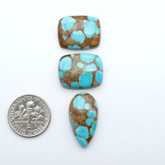 Number 8 Turquoise cabochons, blue and green color with brown matrix, polished stones on a white background, with a US dime for scale