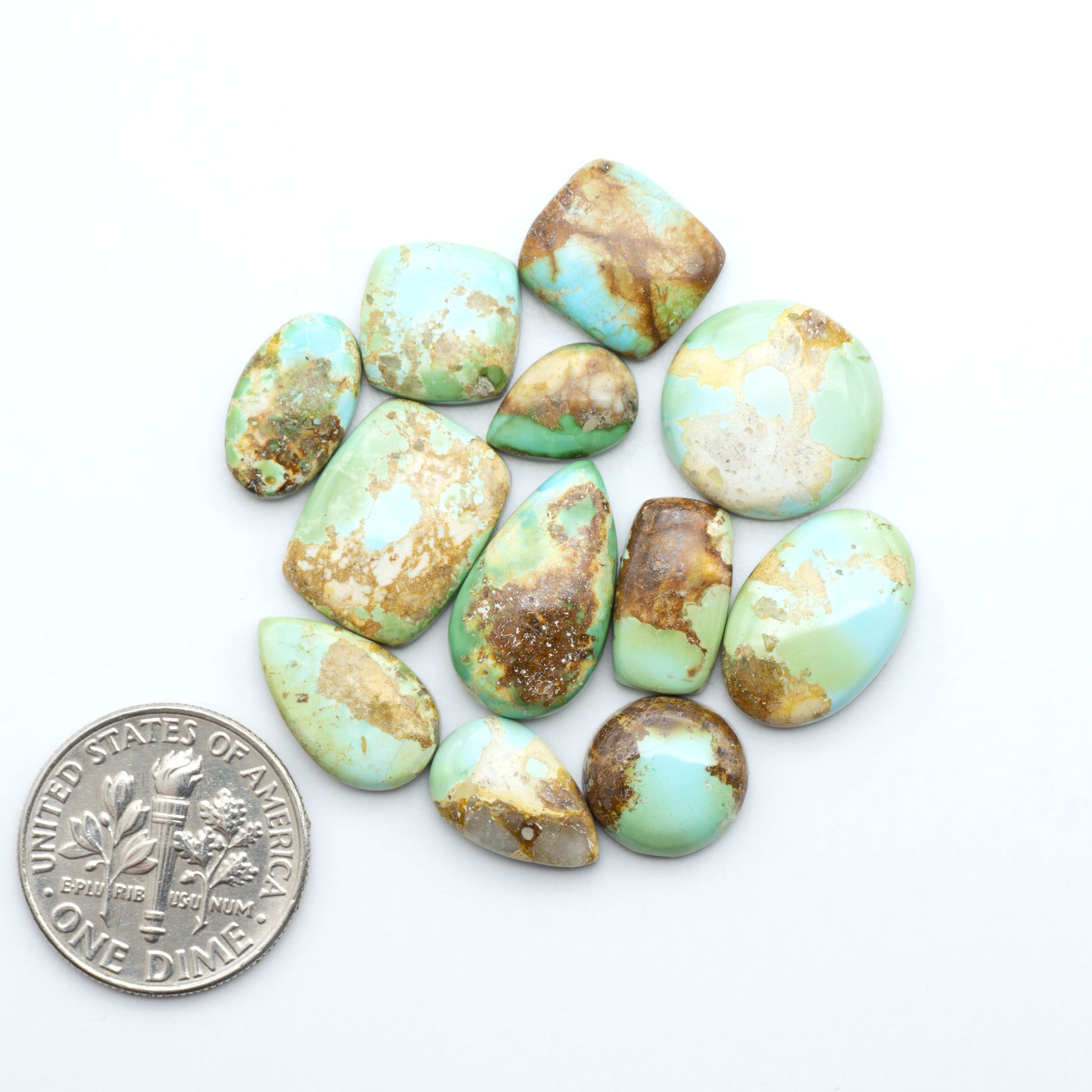 Sonoran Mountain Turquoise cabochons, blue-green color with natural matrix, polished stones on a white background, with a US dime for scale
