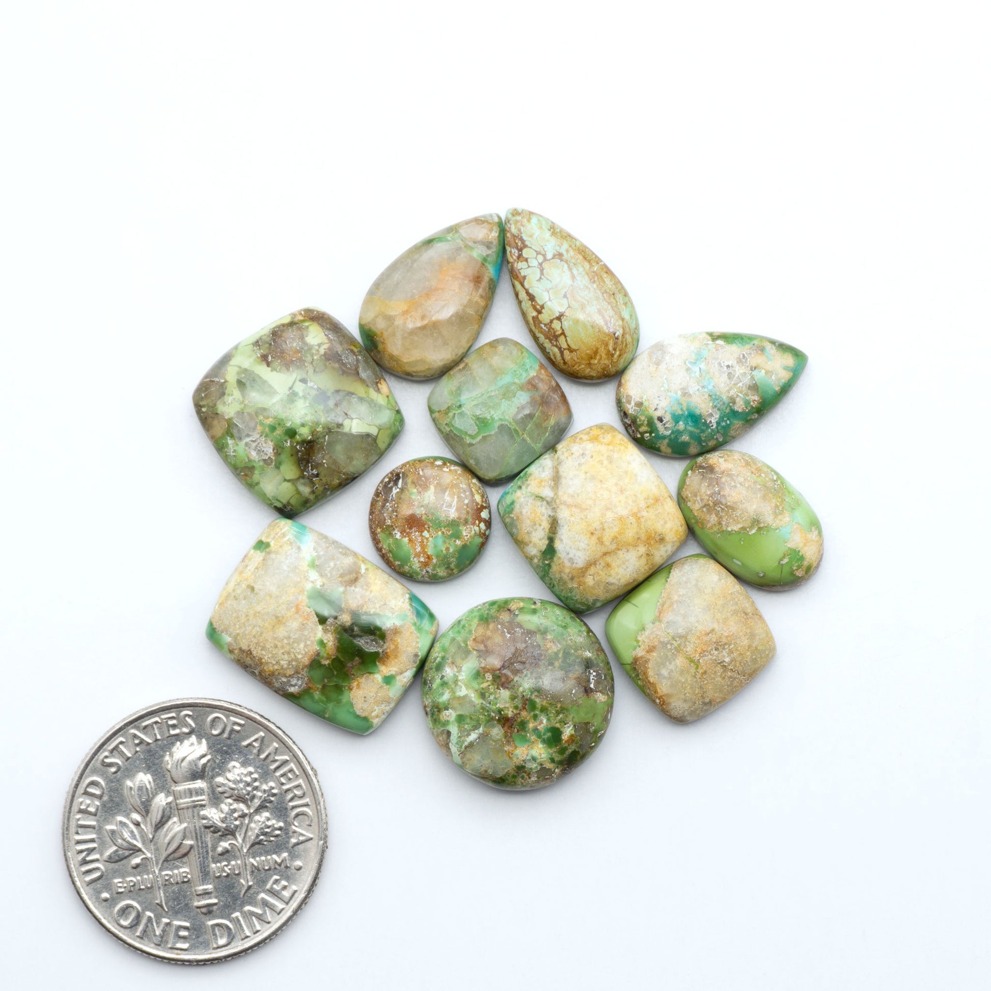 Sonoran Mountain Turquoise cabochons, blue-green color with natural matrix, polished stones on a white background, with a US dime for scale