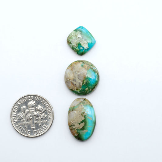 Sonoran Mountain Turquoise cabochons, blue-green color with natural matrix, polished stones on a white background, with a US dime for scale