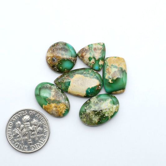 Sonoran Mountain Turquoise cabochons, blue-green color with natural matrix, polished stones on a white background, with a US dime for scale