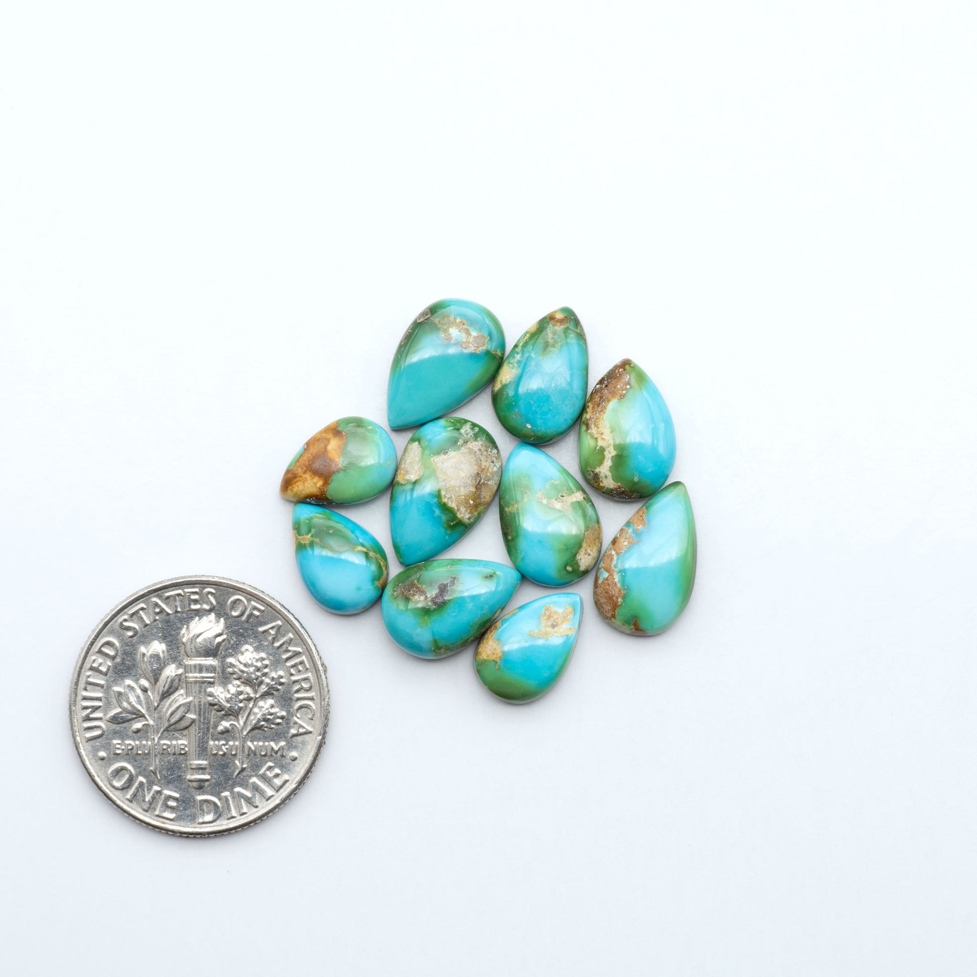 Sonoran Mountain Turquoise cabochons, blue-green color with natural matrix, polished stones on a white background, with a US dime for scale