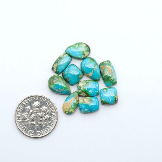 Sonoran Mountain Turquoise cabochons, blue-green color with natural matrix, polished stones on a white background, with a US dime for scale