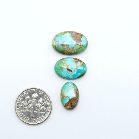 Sonoran Mountain Turquoise cabochons, blue-green color with natural matrix, polished stones on a white background, with a US dime for scale