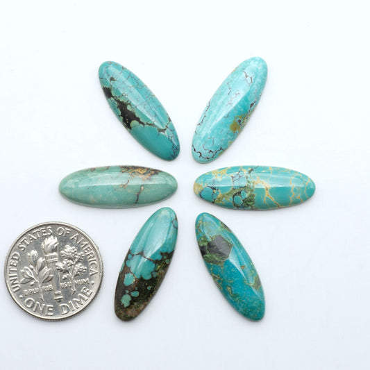 Hubei Cloud Mountain Turquoise cabochons, blue and green color with black matrix, polished stones on a white background with a US dime for scale