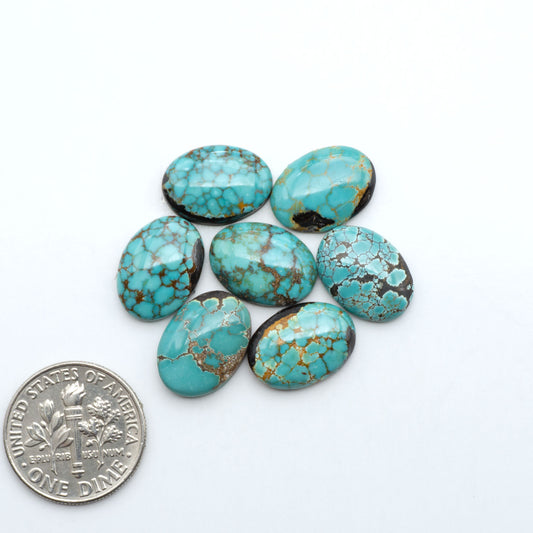 Hubei Cloud Mountain Turquoise cabochons, blue and green color with black matrix, polished stones on a white background with a US dime for scale