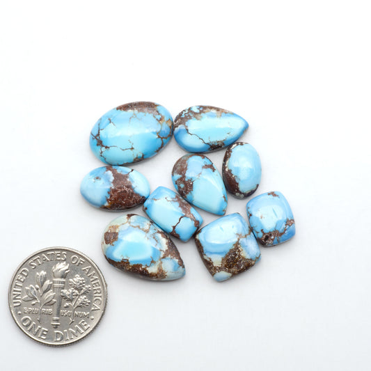 Golden Hills Turquoise cabochons, icy blue to lavender tones with chocolate matrix, polished stones on a white background with a US dime for scale