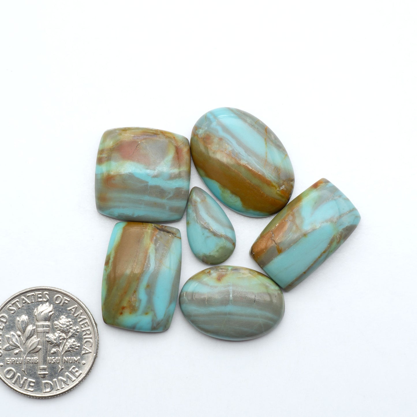 Number 8 Turquoise cabochons, blue and green color with brown matrix, polished stones on a white background, with a US dime for scale