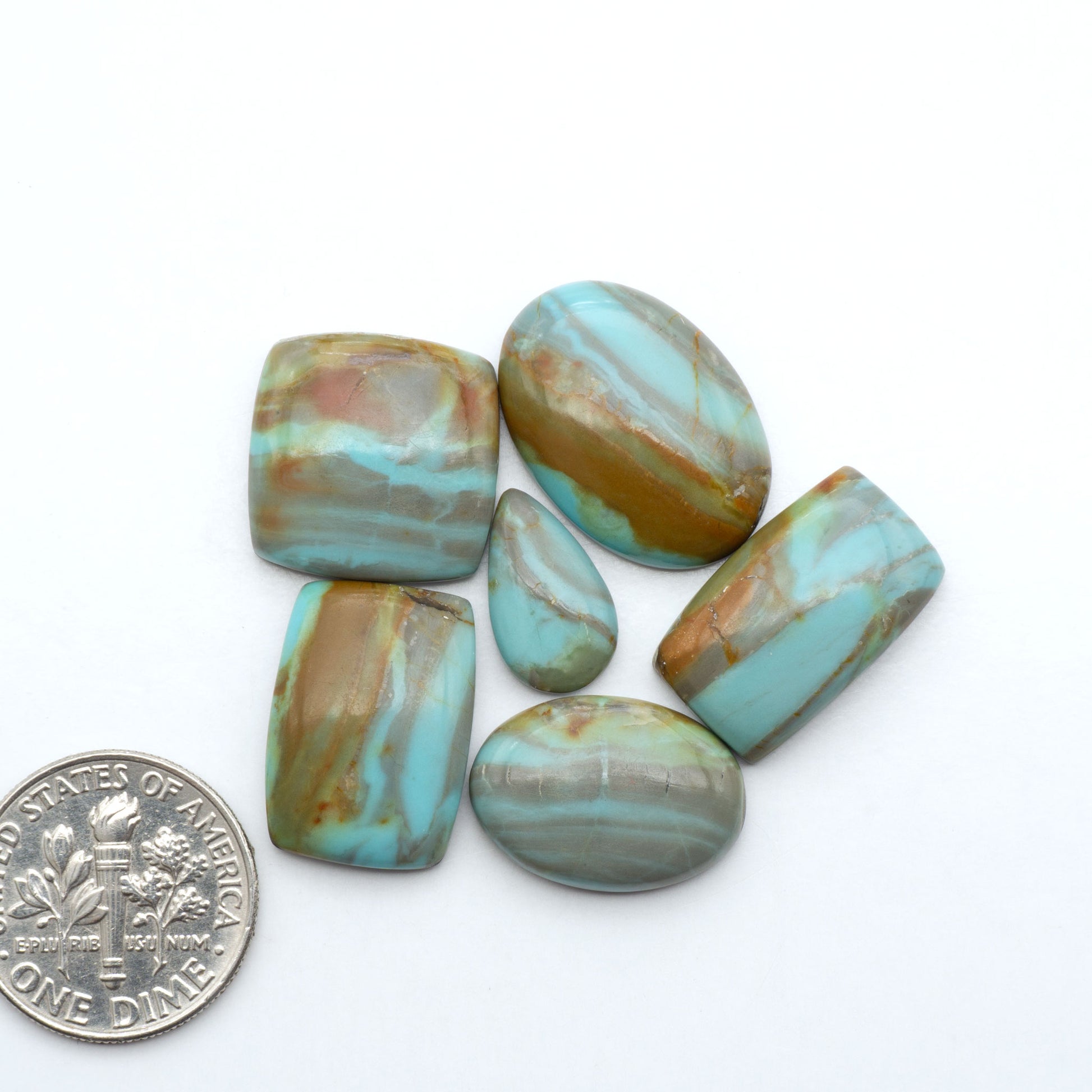 Number 8 Turquoise cabochons, blue and green color with brown matrix, polished stones on a white background, with a US dime for scale