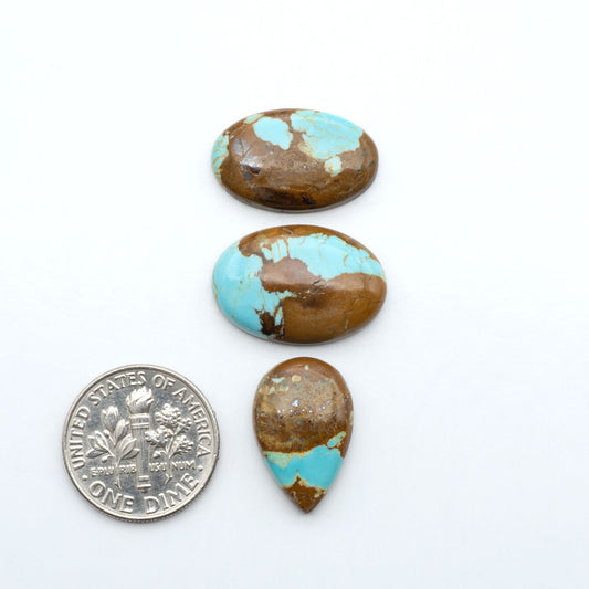 Number 8 Turquoise cabochons, blue and green color with brown matrix, polished stones on a white background, with a US dime for scale