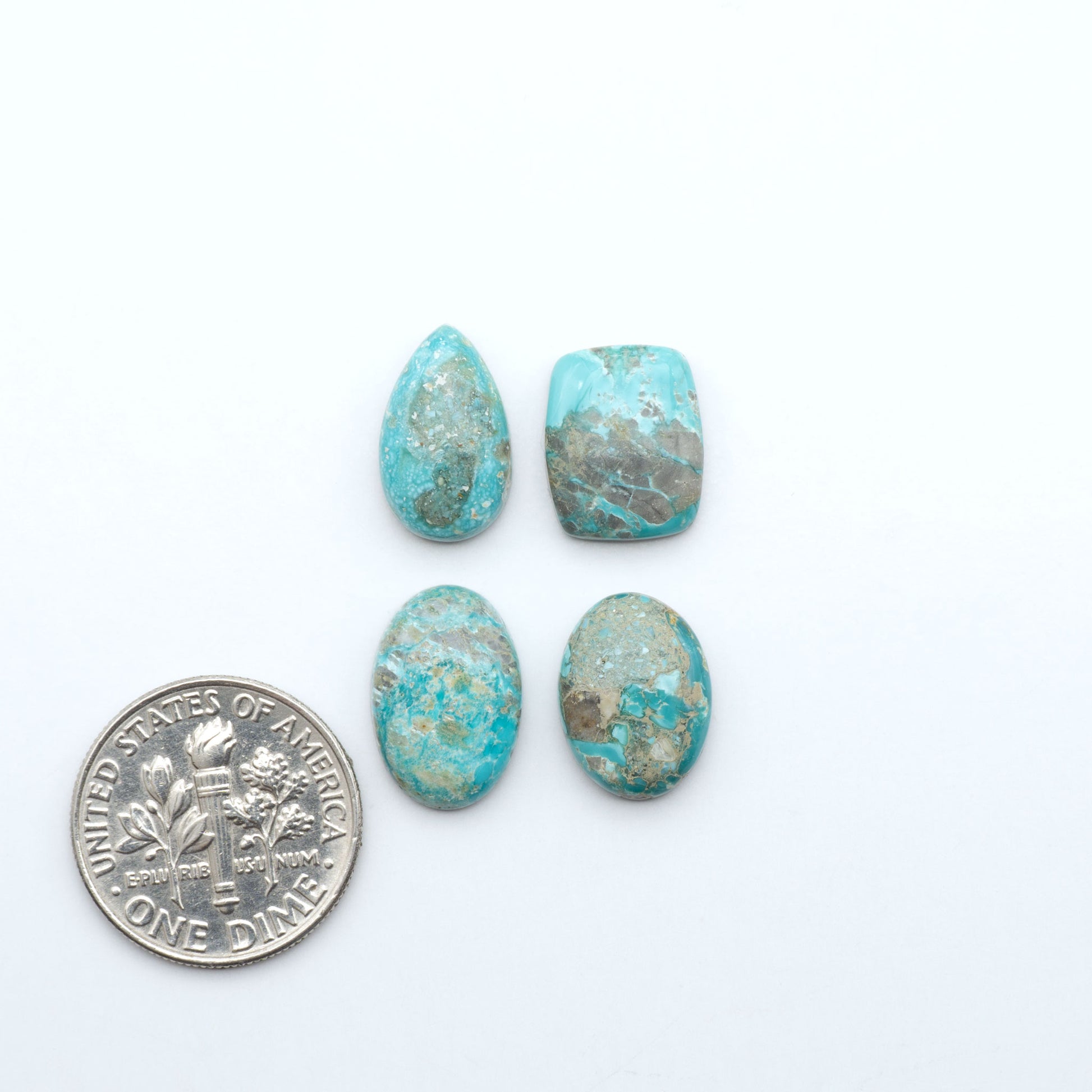 Fox Turquoise cabochons, polished gemstones with natural matrix on a white background, with a US dime for scale