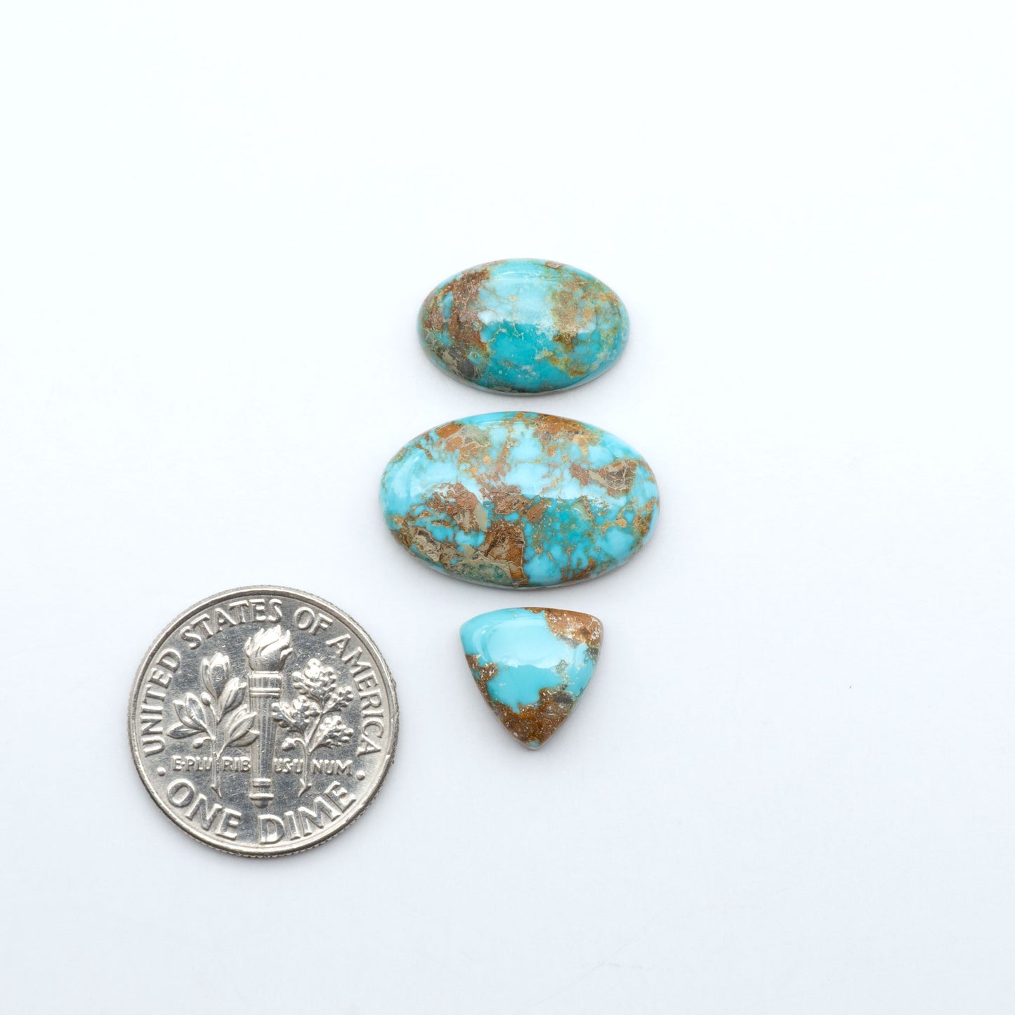 Fox Turquoise cabochons, polished gemstones with natural matrix on a white background, with a US dime for scale