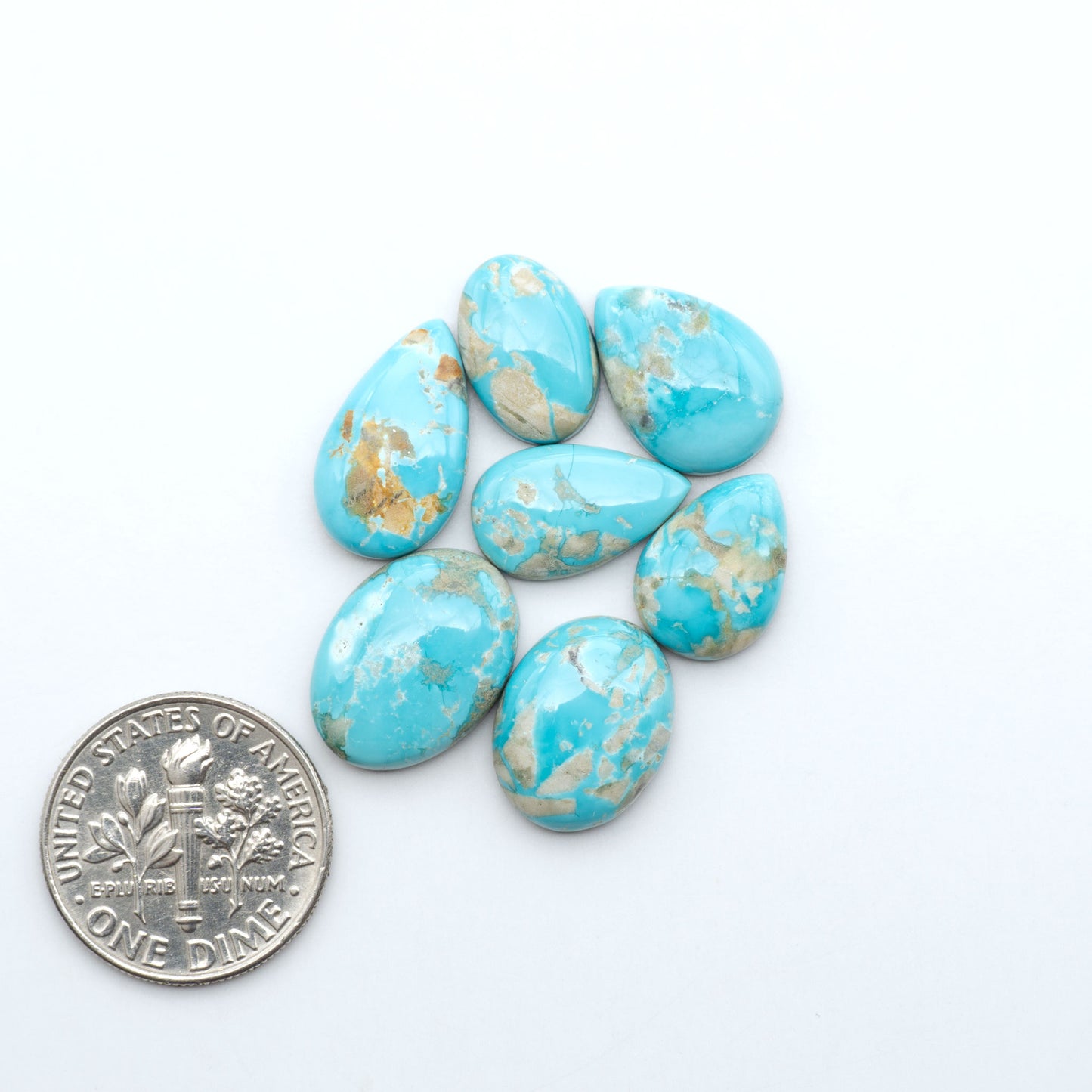 Fox Turquoise cabochons, polished gemstones with natural matrix on a white background, with a US dime for scale