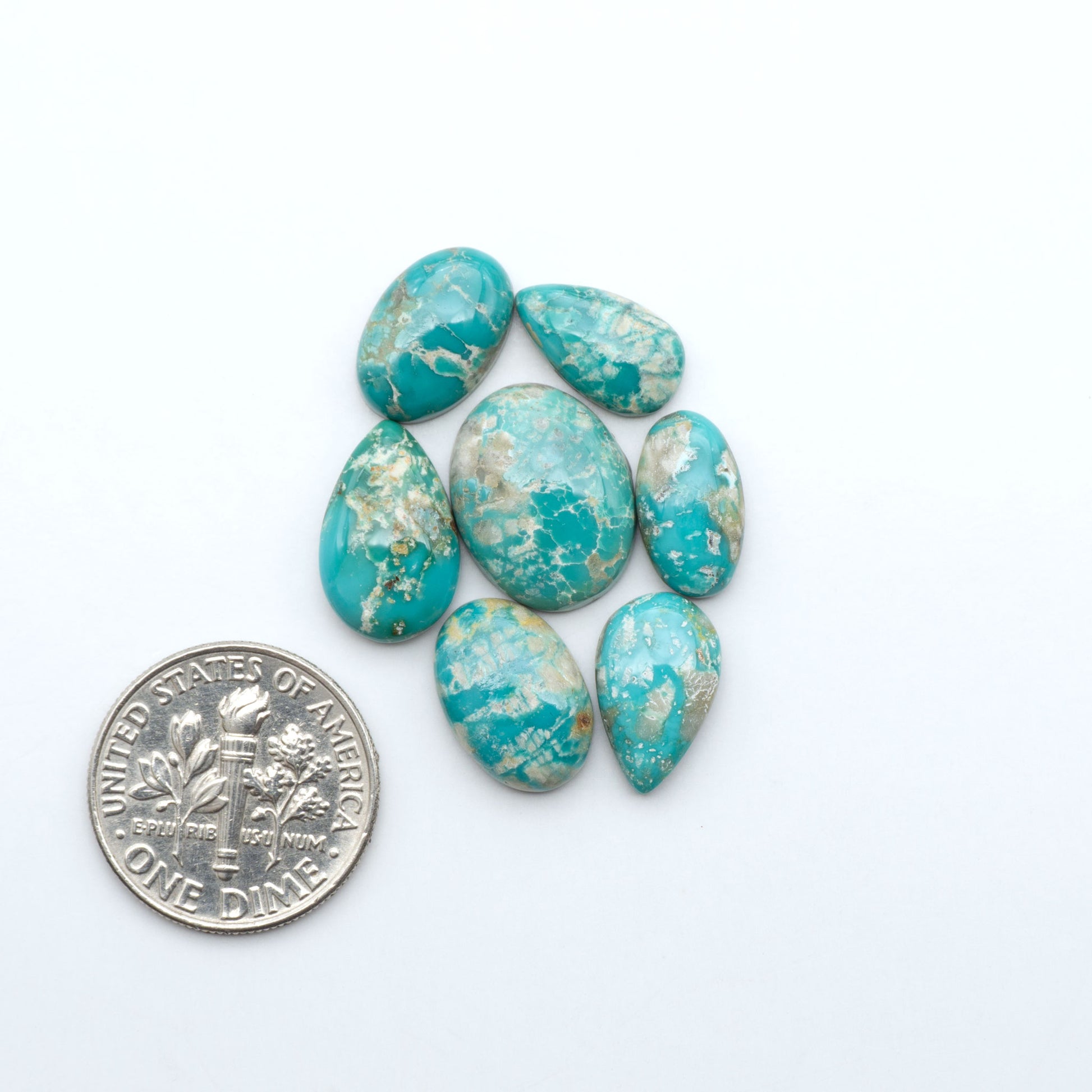 Fox Turquoise cabochons, polished gemstones with natural matrix on a white background, with a US dime for scale