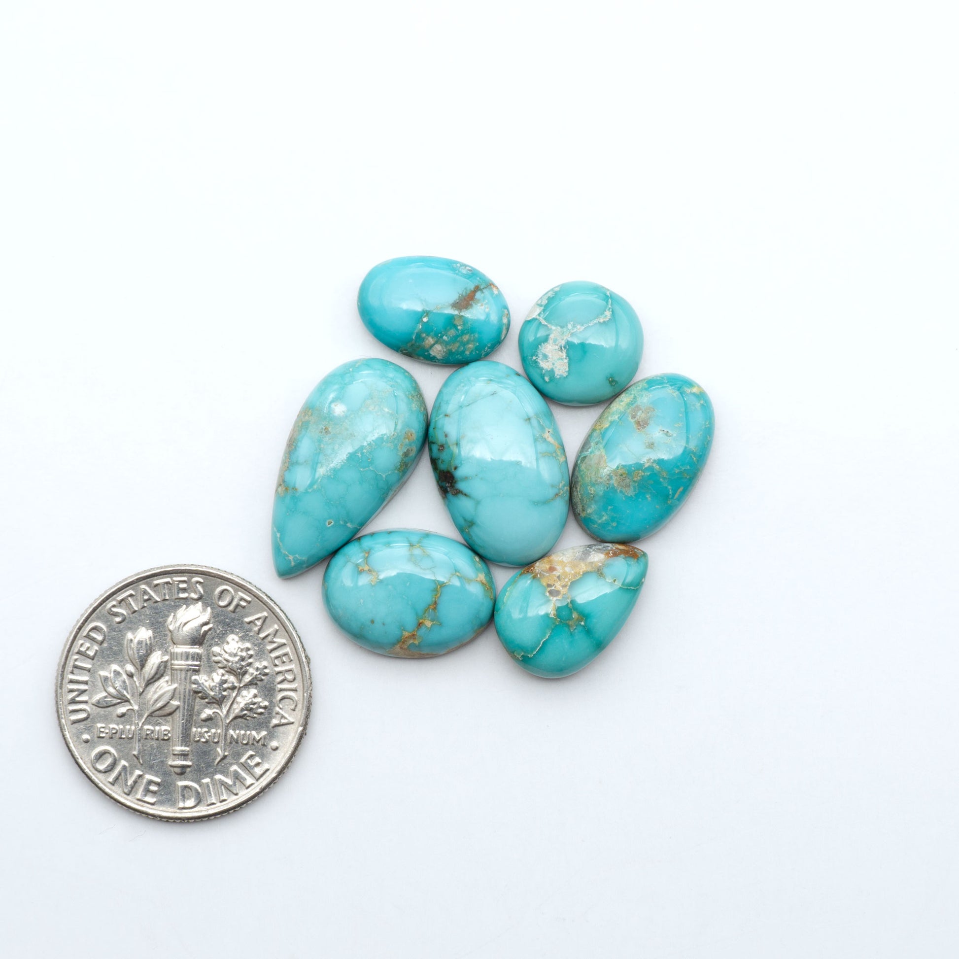Fox Turquoise cabochons, polished gemstones with natural matrix on a white background, with a US dime for scale
