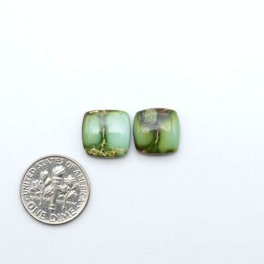 Sonoran Mountain Turquoise cabochons, blue-green color with natural matrix, polished stones on a white background, with a US dime for scale