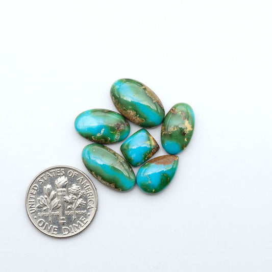 Sonoran Mountain Turquoise cabochons, blue-green color with natural matrix, polished stones on a white background, with a US dime for scale