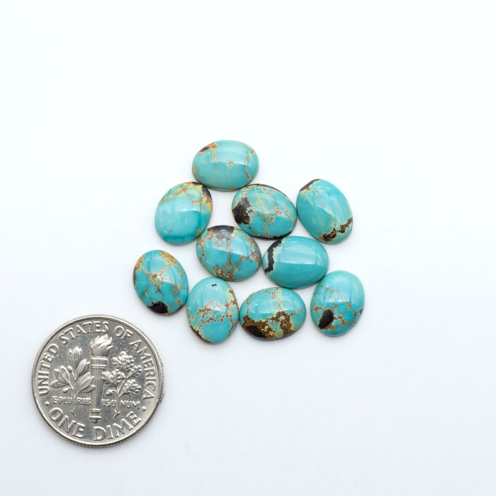 Hubei Cloud Mountain Turquoise cabochons, blue and green color with black matrix, polished stones on a white background with a US dime for scale
